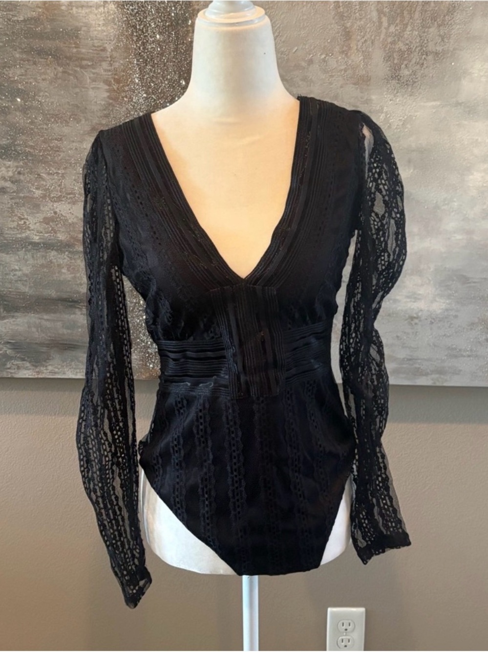 Black Lace V-Neck Blouse with Sheer Long Sleeves